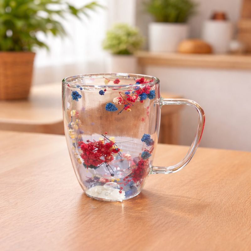 Double Wall Glass Floral Mug – Transparent Tea & Coffee Cup with Dried Flowers