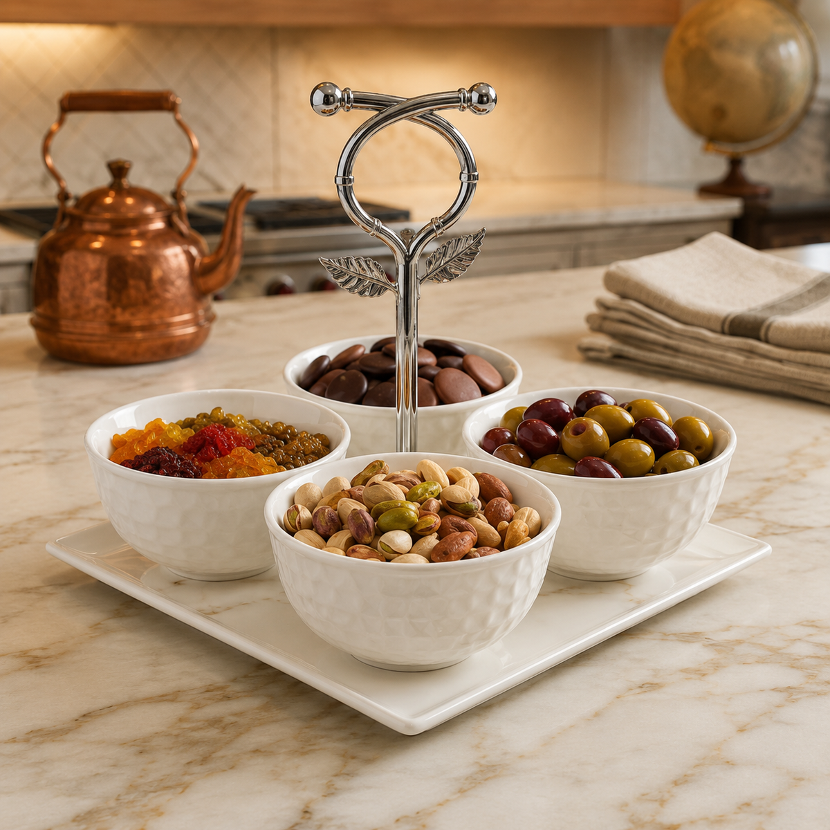 4 Pcs Ceramic Sauce Set with Tray & Metal Handle | Condiment Serving Set