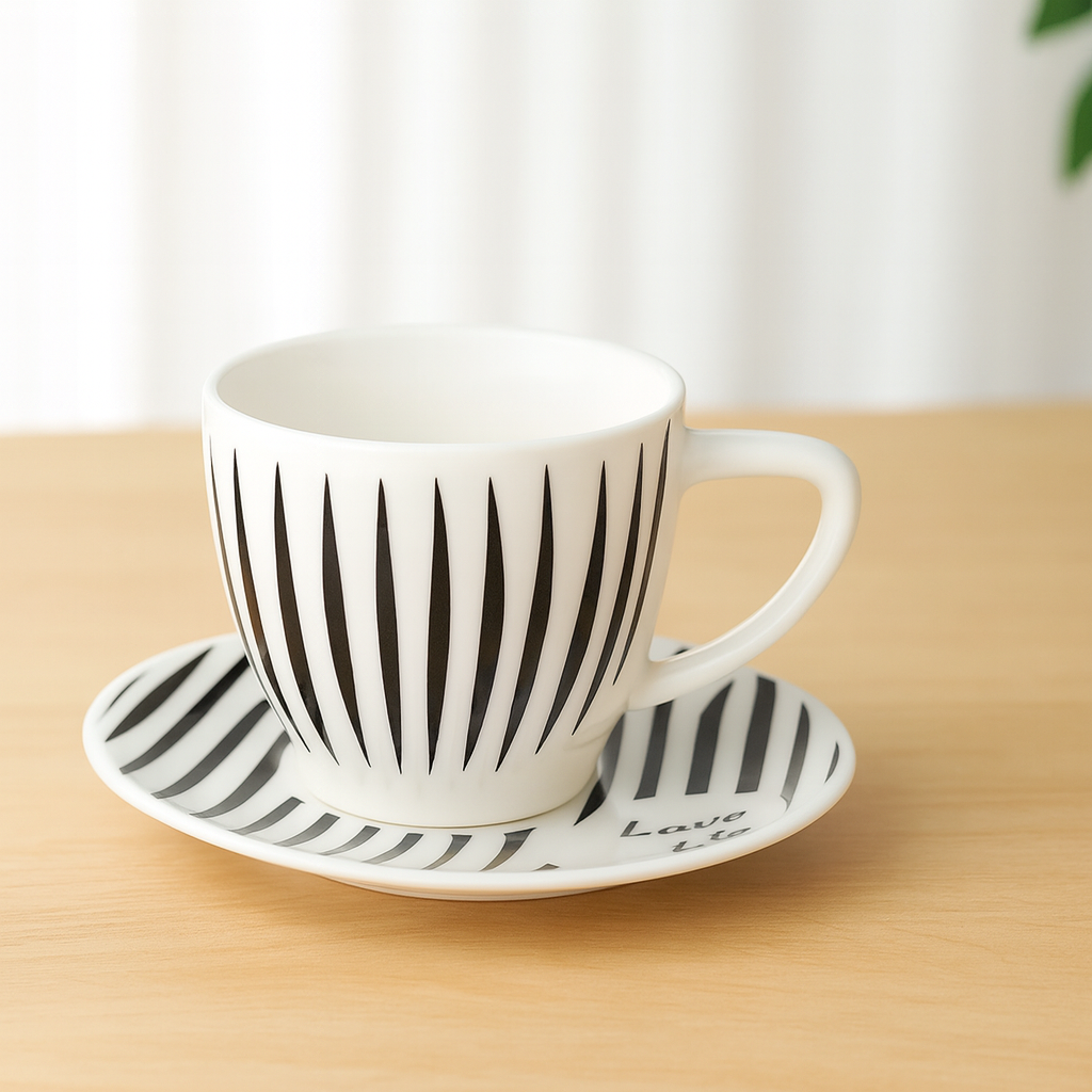 Stylish 1-Piece Striped Cup and Saucer Set – Black & White