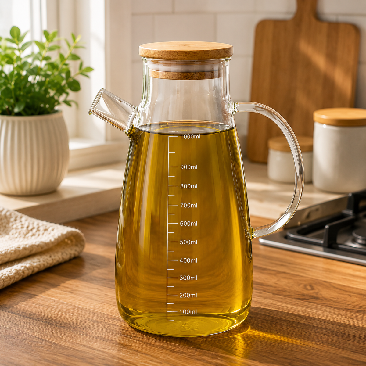 1000ML Glass Oil Bottle with Handle & Measuring Scale