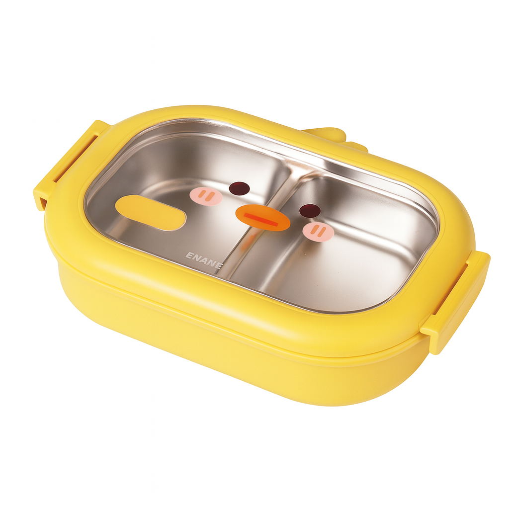 2-Partition Stainless Steel Lunch Box with Cute Duck Design – Leak-Resistant Kids Bento Box for School & Travel