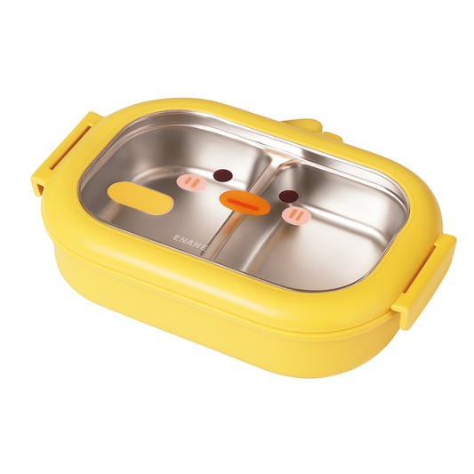 2-Partition Stainless Steel Lunch Box with Cute Duck Design – Leak-Resistant Kids Bento Box for School & Travel