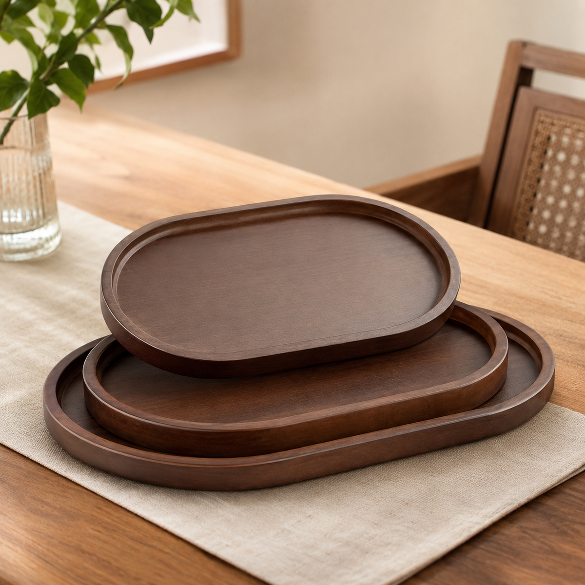 Premium Solid Wood Serving Tray (Small, Medium & Large) | Oval Wooden Tea, Coffee & Breakfast Serving Tray