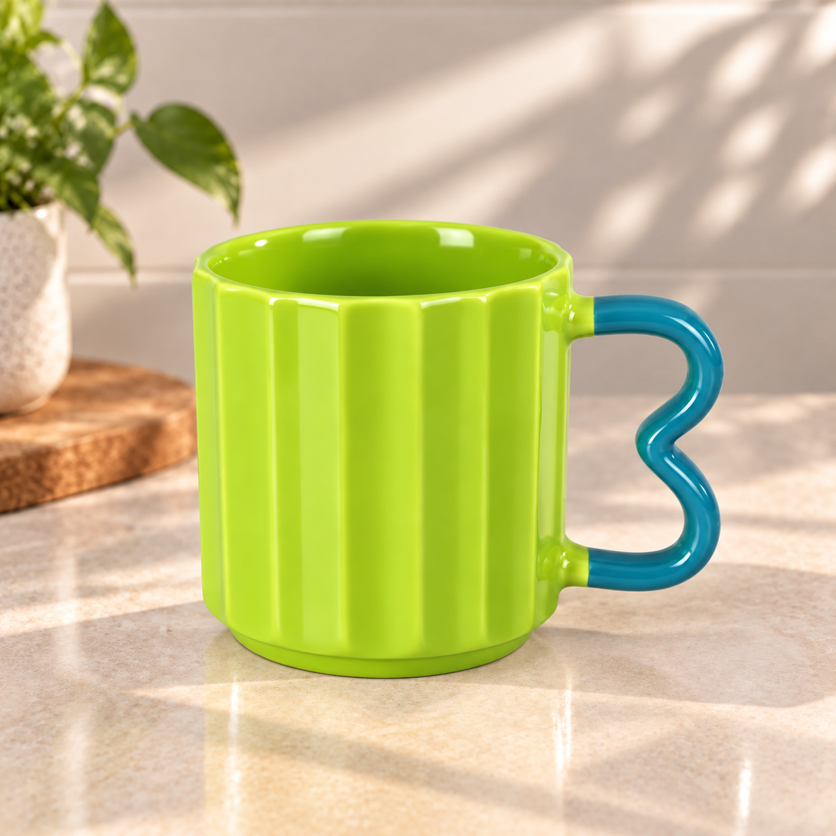 Colourful Ribbed Ceramic Coffee Mug with Creative Handle – Modern Tea & Coffee Cup