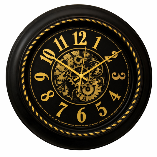 Heritage Gear 18-Inch Vintage Black Industrial Wall Clock – Decorative Metal Wall Clock with Exposed Gold Gear Mechanism for Living Room, Office & Home Décor - Habitt
