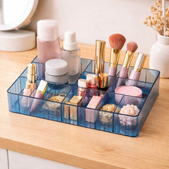 Multi-Compartment Cosmetic Organizer Tray – Transparent Blue Makeup Storage Box