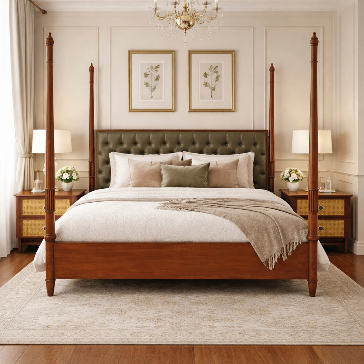 Noor King Size Bed | Luxury Four Poster Bed with Upholstered Headboard & Cane Nightstands with Side Tables - Habitt