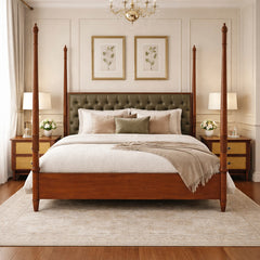 Noor King Size Bed | Luxury Four Poster Bed with Upholstered Headboard & Cane Nightstands with Side Tables - Habitt