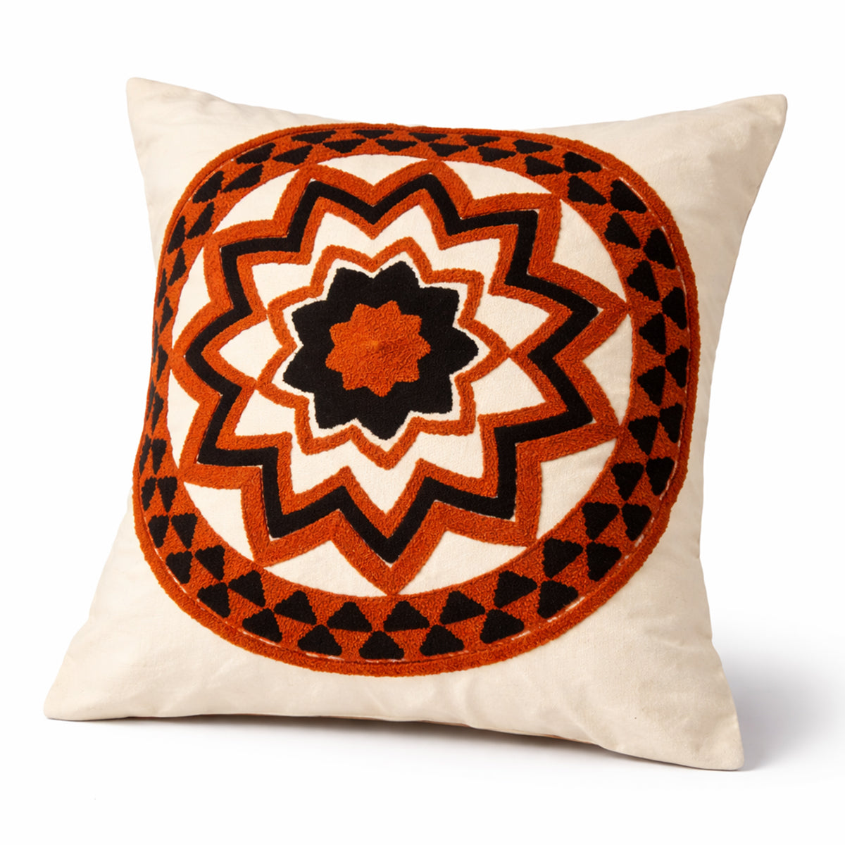 Boho Tribal Floral Embroidered Cushion Cover 20x20 Inch – Off White Textured Mandala Pillow Cover - Habitt