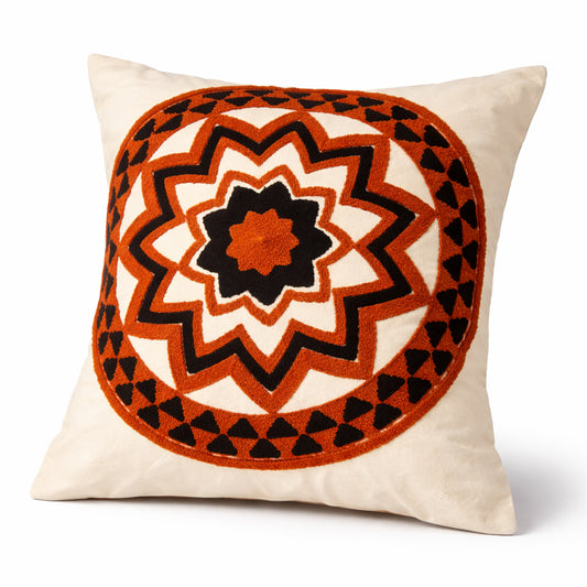 Boho Tribal Floral Embroidered Cushion Cover 20x20 Inch – Off White Textured Mandala Pillow Cover - Habitt