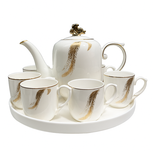Fine Ceramic Tea Set – Elegant Feather Design with Gold Accents