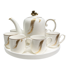 Fine Ceramic Tea Set – Elegant Feather Design with Gold Accents