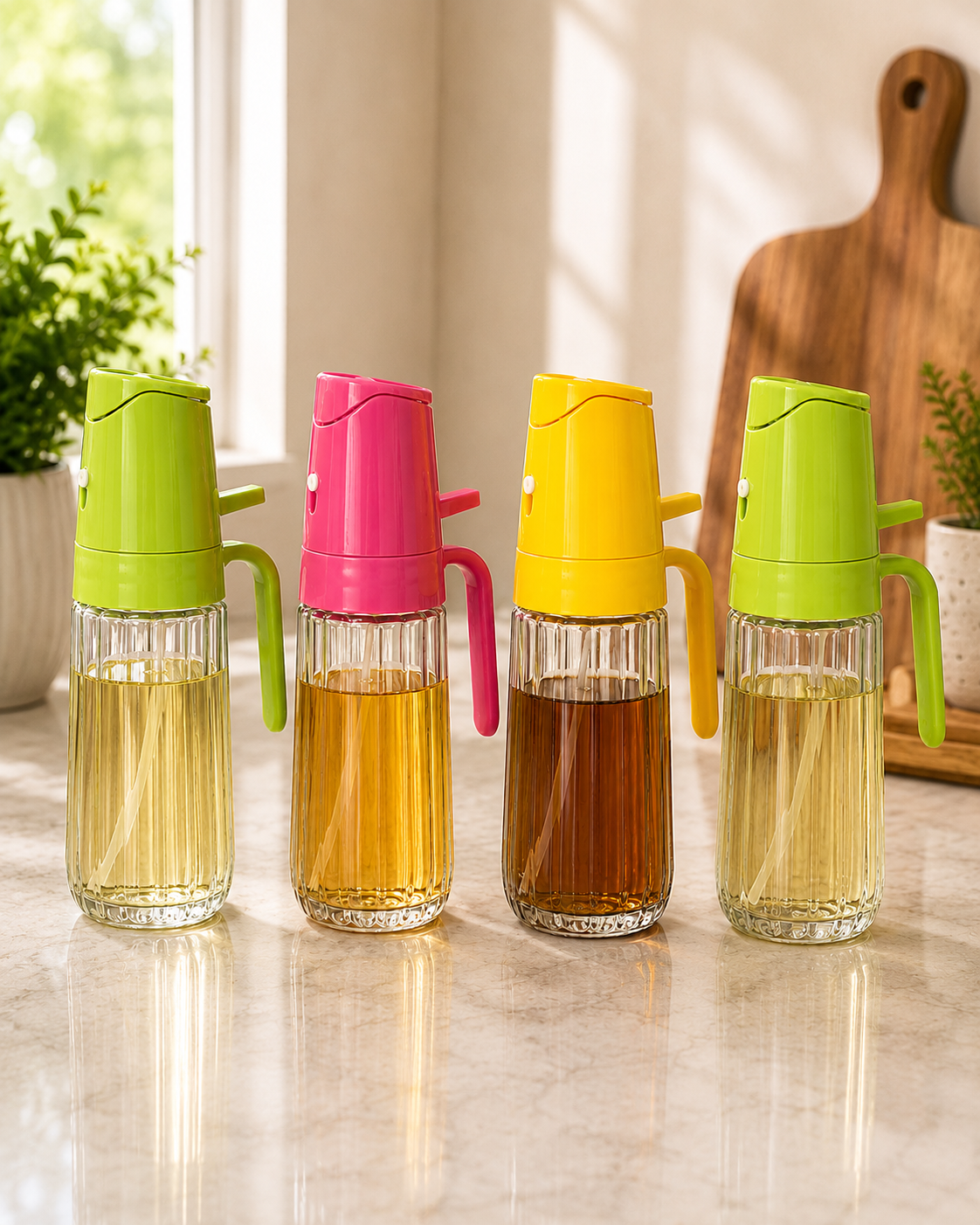 Glass Oil Spray Bottle Assorted – Ribbed Design Kitchen Oil Sprayer & Dispenser for Cooking, Baking & Salad