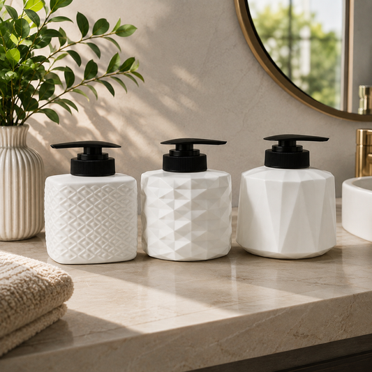 Symmetric Plastic Soap Dispenser Assorted – Modern Refillable Hand Wash & Lotion Pump Bottle for Bathroom & Kitchen