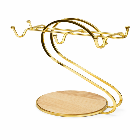 Golden Cup & Saucer Stand – Luxury Metal Mug Holder with Wooden Base - Habitt