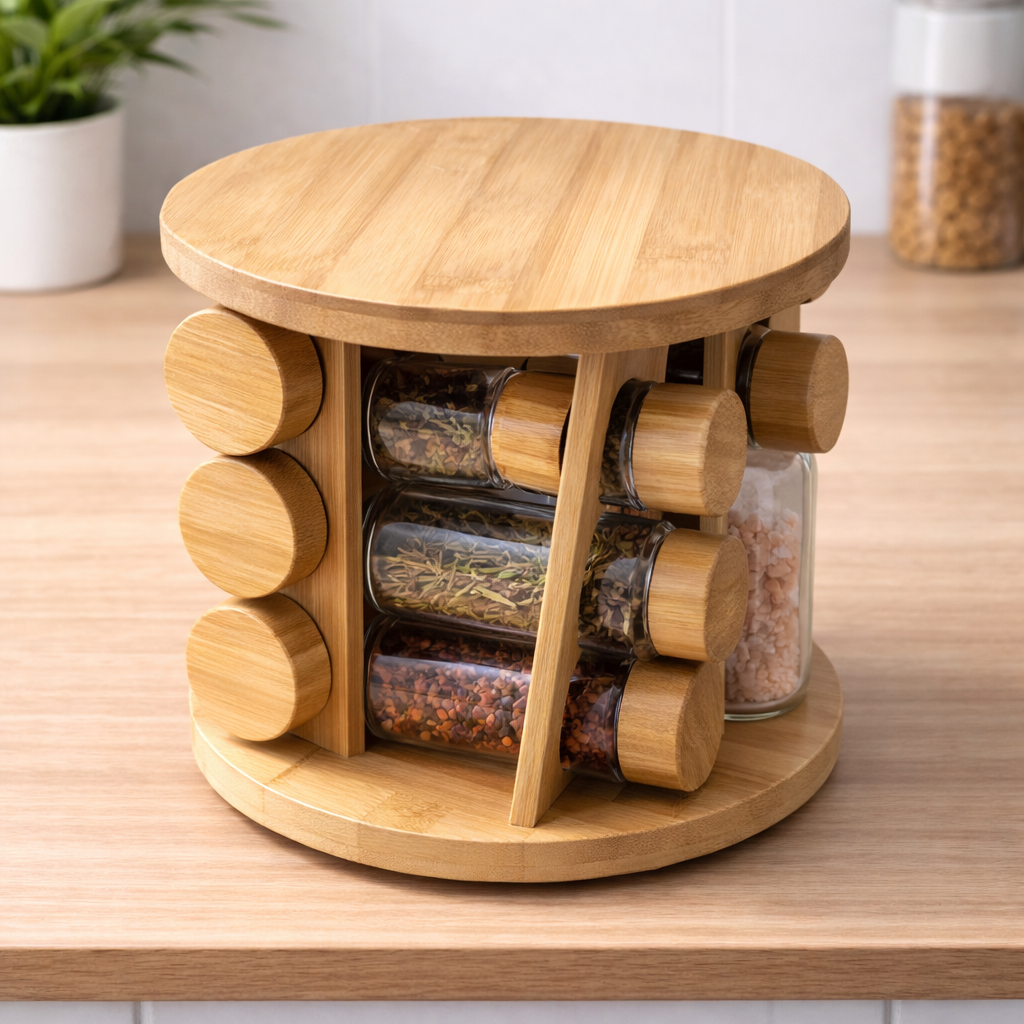 16-Piece Round Spice Jar Set with Bamboo Stand – Kitchen Organizer Rack - Habitt