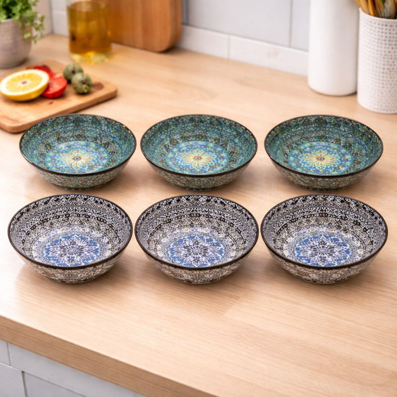 6-Piece Ceramic Bowl Set – Elegant Blue & Grey Patterned Serving Bowls