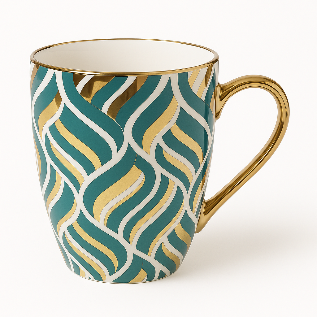 Luxury Mug – Gold & Green Patterned Design