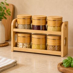 6 PCS GLASS JAR SET WITH WOODEN RACK