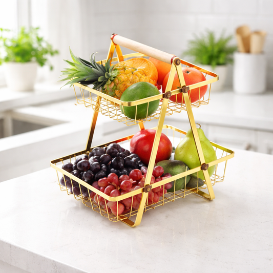 Fruit Basket – Modern Countertop Storage Rack with Wooden Handle (Black & Gold Options) - Habitt