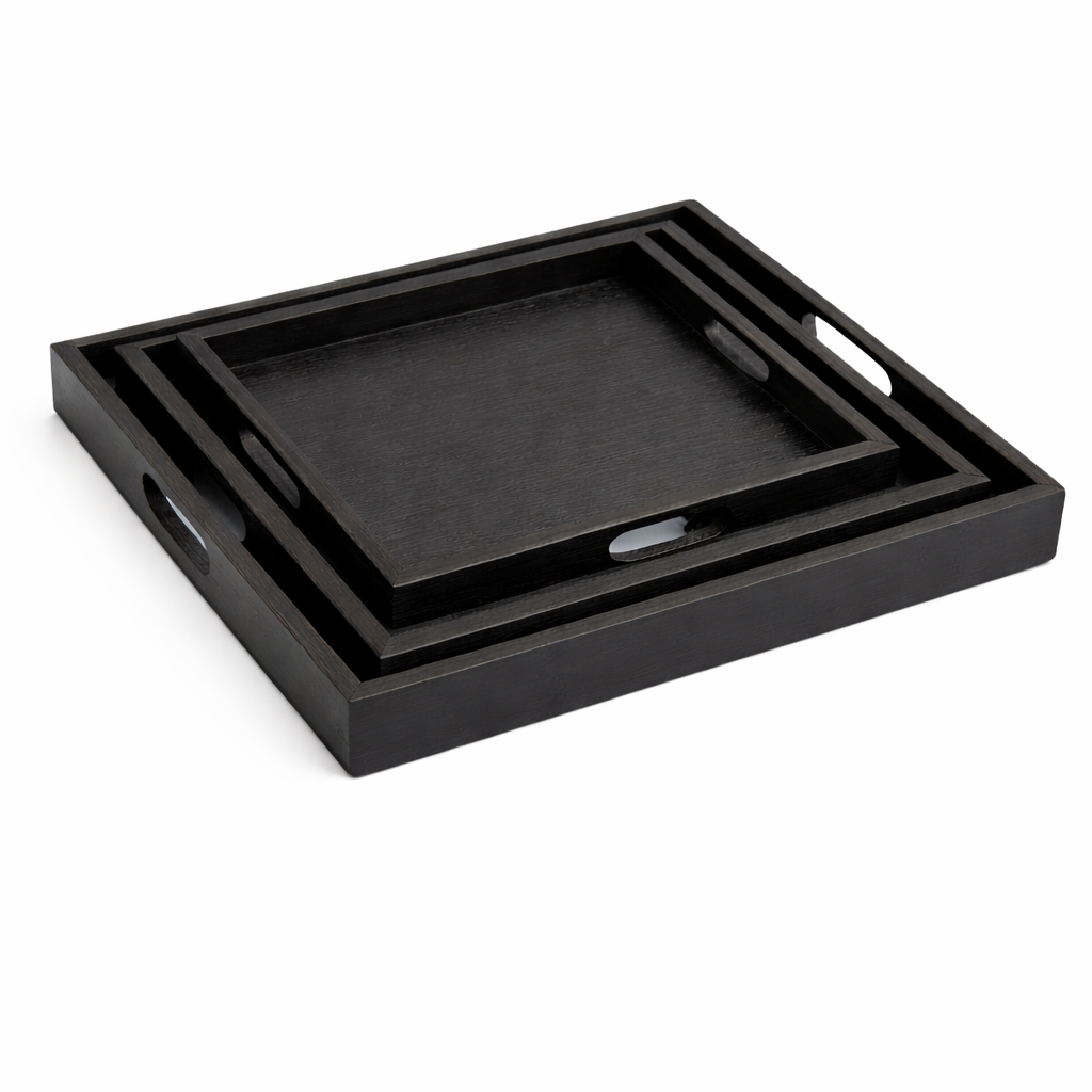 Premium Wooden Serving Tray Set (3 PCS) – Nested Bamboo Trays with Handles for Kitchen, Dining & Home Décor (Light, Dark & Black Variants) - Habitt