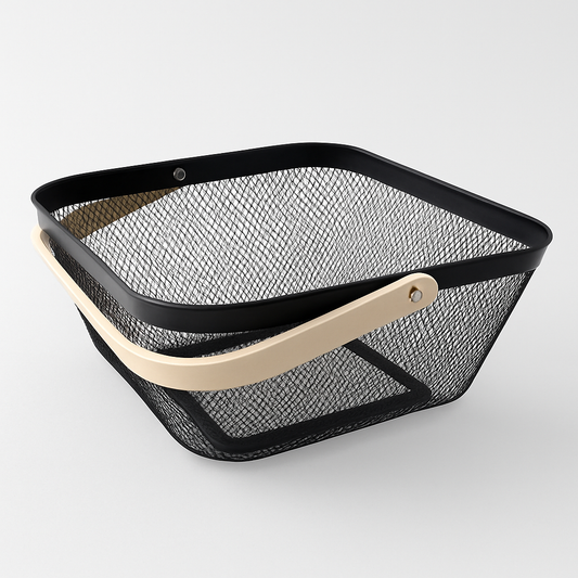 Square Metal Mesh Basket with Wooden Handle – Large | Modern Storage &amp; Fruit Bowl