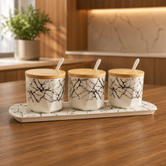 3 Pcs Ceramic Condiment Set with Tray – Kitchen Spice & Seasoning Jars