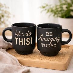 Pack of 2 Mini Ceramic Coffee Mug Set – Motivational Quote Design | Small Tea & Espresso Cups