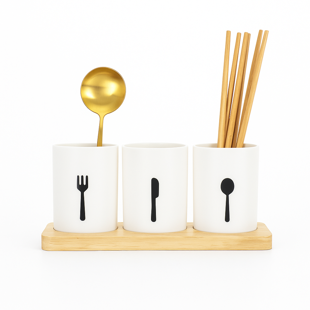 Plastic Tableware & Utensil Holder – Multi-Compartment Cutlery Organizer with Wooden Base