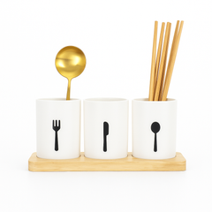 Plastic Tableware & Utensil Holder – Multi-Compartment Cutlery Organizer with Wooden Base