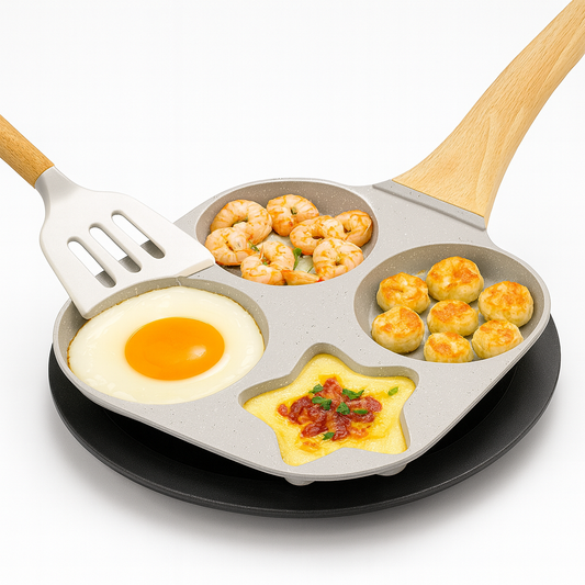 4-Hole Non-Stick Frying Pan with Wooden Handle – Multi-Section Breakfast Pan for Eggs, Pancakes, Dumplings &amp; Snacks | Cute Shape Egg Pan Skillet&nbsp;