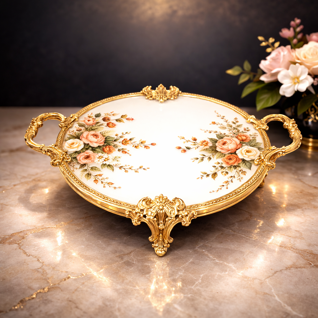 Round Flat Tray – Elegant Floral Decorative Serving Platter with Handles - Habitt