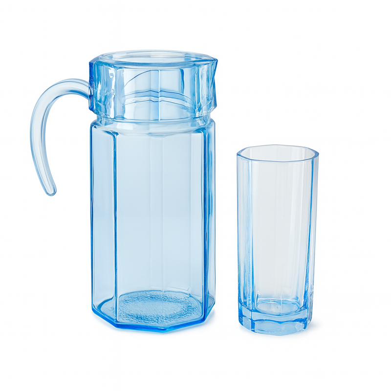 Blue-Tinted 7-Piece Water Set – 1.25 L Jug with 320 ml Glasses (Coloured Pressed Glass - Habitt