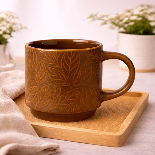 Embossed Leaf Brown Ceramic Mug – Rustic Textured Coffee & Tea Cup