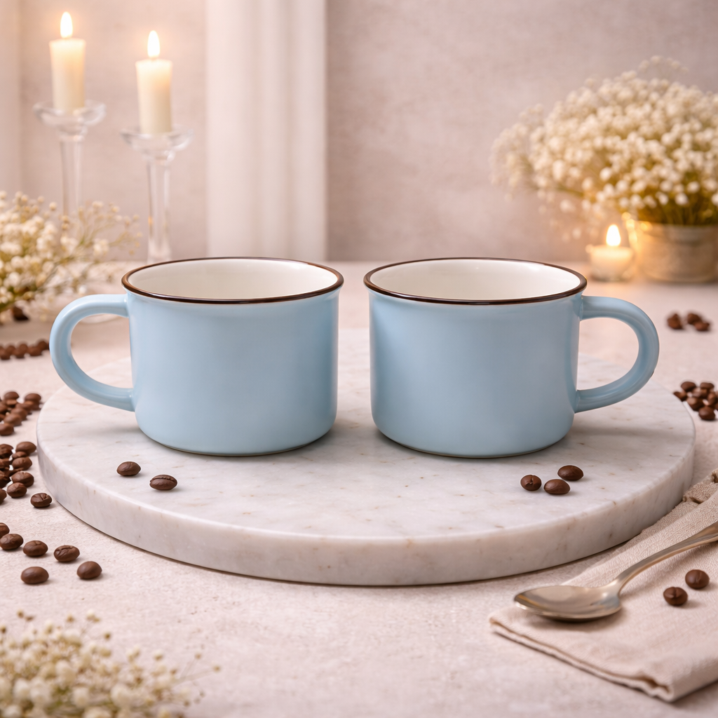 Pack of 2 Light Blue Ceramic Coffee Mugs Minimalist Matte Finish Tea Cups with Contrast Rim - Habitt