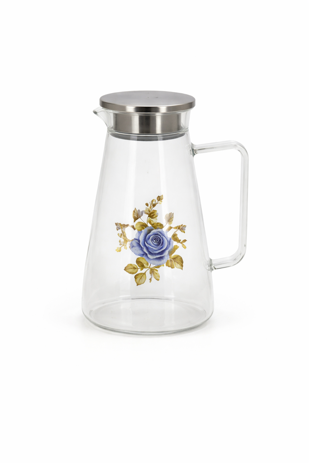 Blue Floral Glass Jug with Stainless Steel Lid – Elegant Water & Juice Pitcher