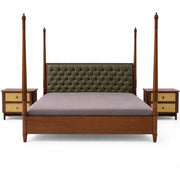 Noor King Size Bed | Luxury Four Poster Bed with Upholstered Headboard & Cane Nightstands with Side Tables - Habitt