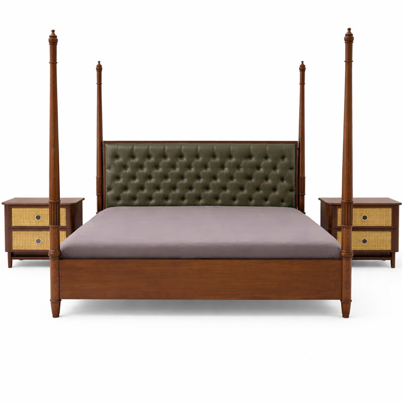 Noor King Size Bed | Luxury Four Poster Bed with Upholstered Headboard & Cane Nightstands with Side Tables - Habitt