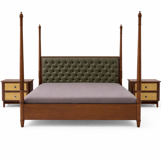 Noor King Size Bed | Luxury Four Poster Bed with Upholstered Headboard & Cane Nightstands with Side Tables - Habitt