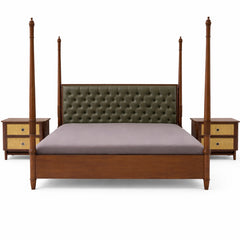Noor King Size Bed | Luxury Four Poster Bed with Upholstered Headboard & Cane Nightstands with Side Tables - Habitt