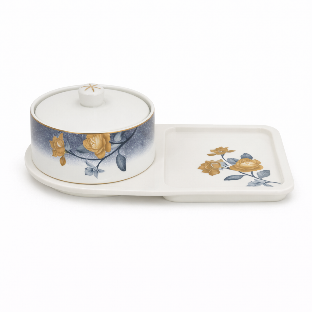 Floral Bowl with Serving Plate – Elegant Ceramic Snack & Condiment Set