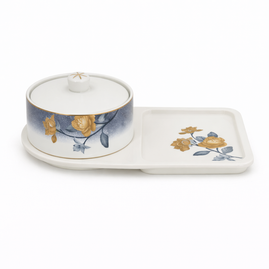 Floral Bowl with Serving Plate – Elegant Ceramic Snack & Condiment Set