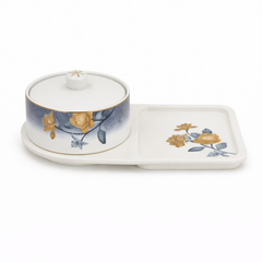 Floral Bowl with Serving Plate – Elegant Ceramic Snack & Condiment Set
