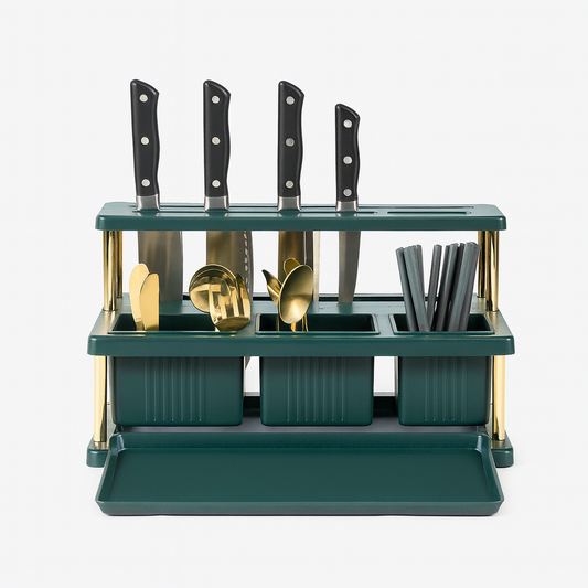 Multi-Functional Knife & Cutlery Organizer Rack – Kitchen Countertop Storage Stand for Knives, Spoons &; Utensils | 2-Tier Drain Rack with Detachable Tray