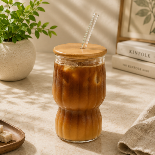 Textured Glass Tumbler with Bamboo Lid & Straw – 450ml