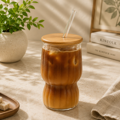 Textured Glass Tumbler with Bamboo Lid & Straw – 450ml