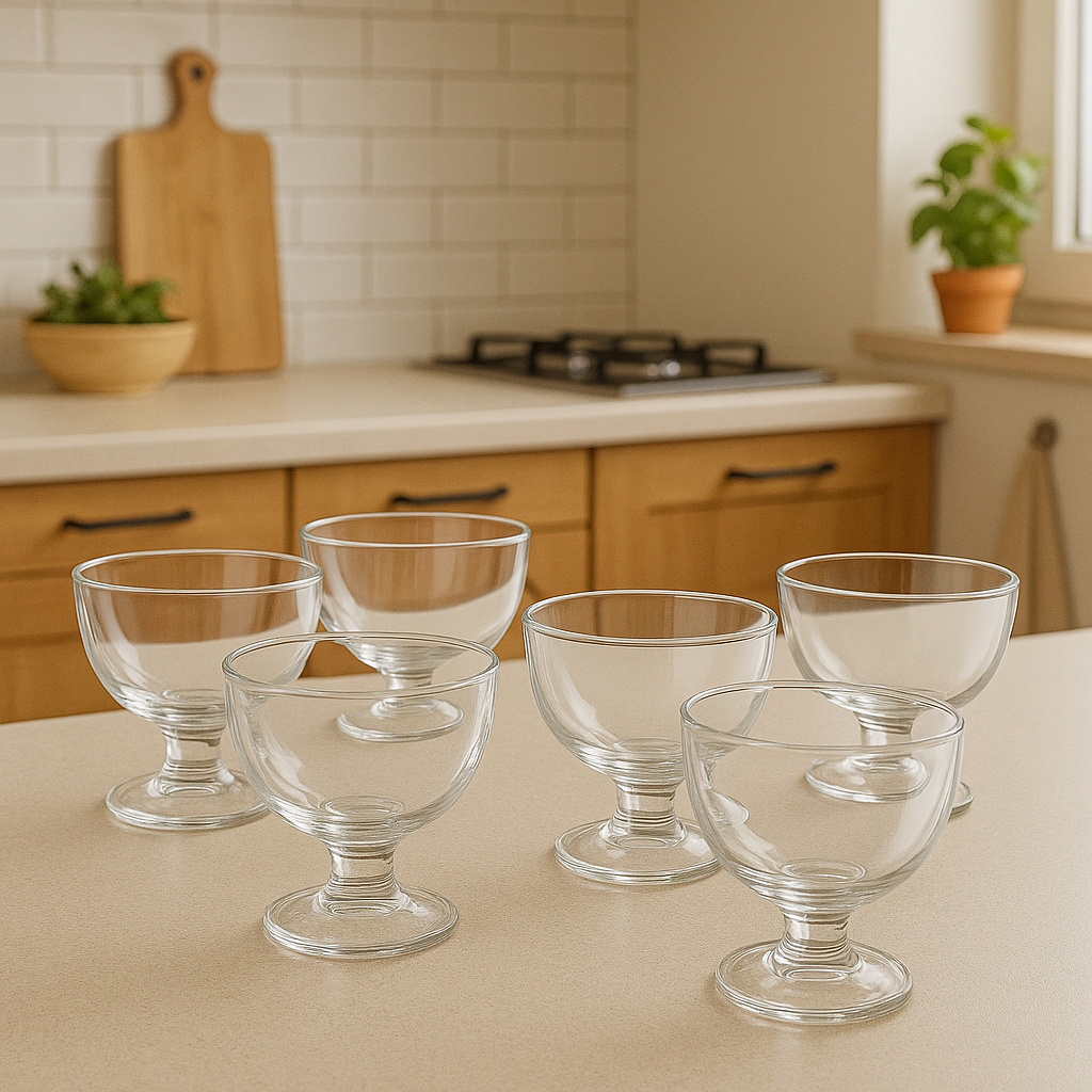Clear Pressed-Glass Ice Cream Cups – 6-Piece Footed Dessert Set, 210 ml Capacity (Y4002)