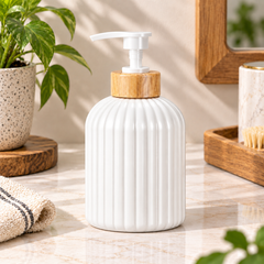 Ribbed Glass Soap Dispenser with Wood Neck – Black & White
