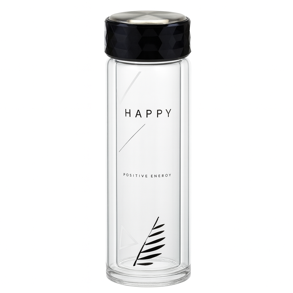 Double-Layer Glass Water Bottle “Happy Goodlucky” – Heat-Resistant Transparent Bottle with Premium Textured Lid