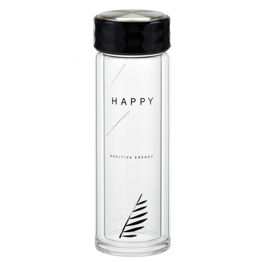Double-Layer Glass Water Bottle “Happy Goodlucky” – Heat-Resistant Transparent Bottle with Premium Textured Lid